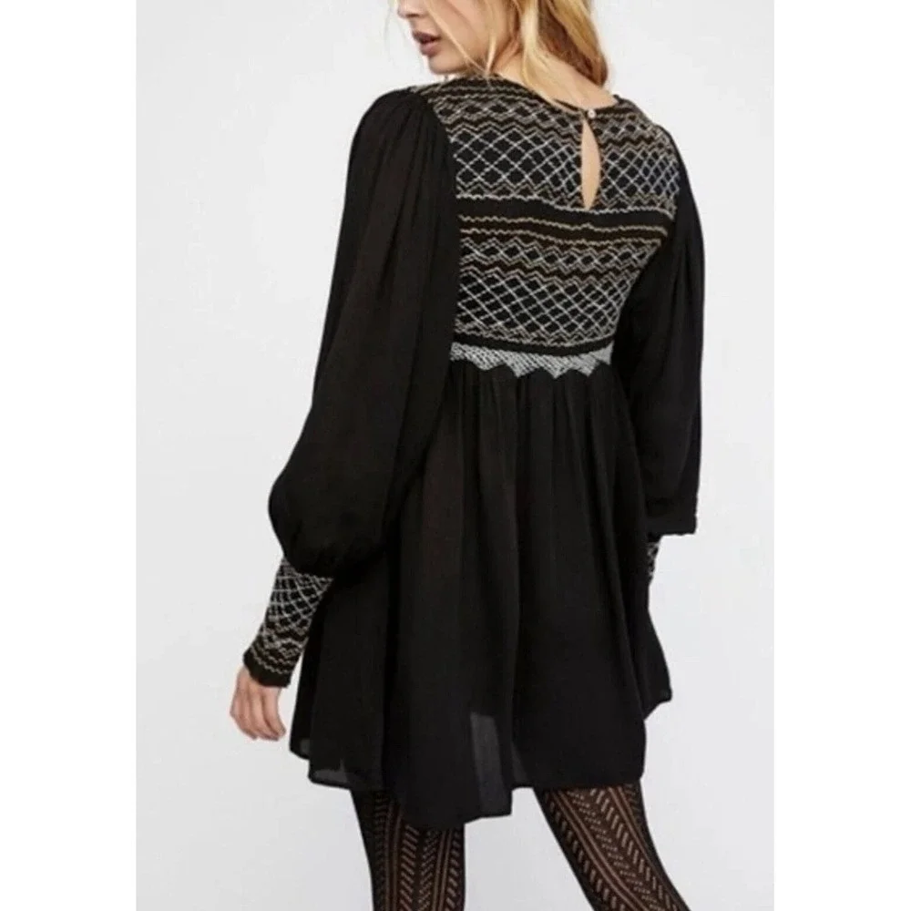 Free People Women's Black Late Night Picnic Mini Dress Embroidered‎ Size XS $148